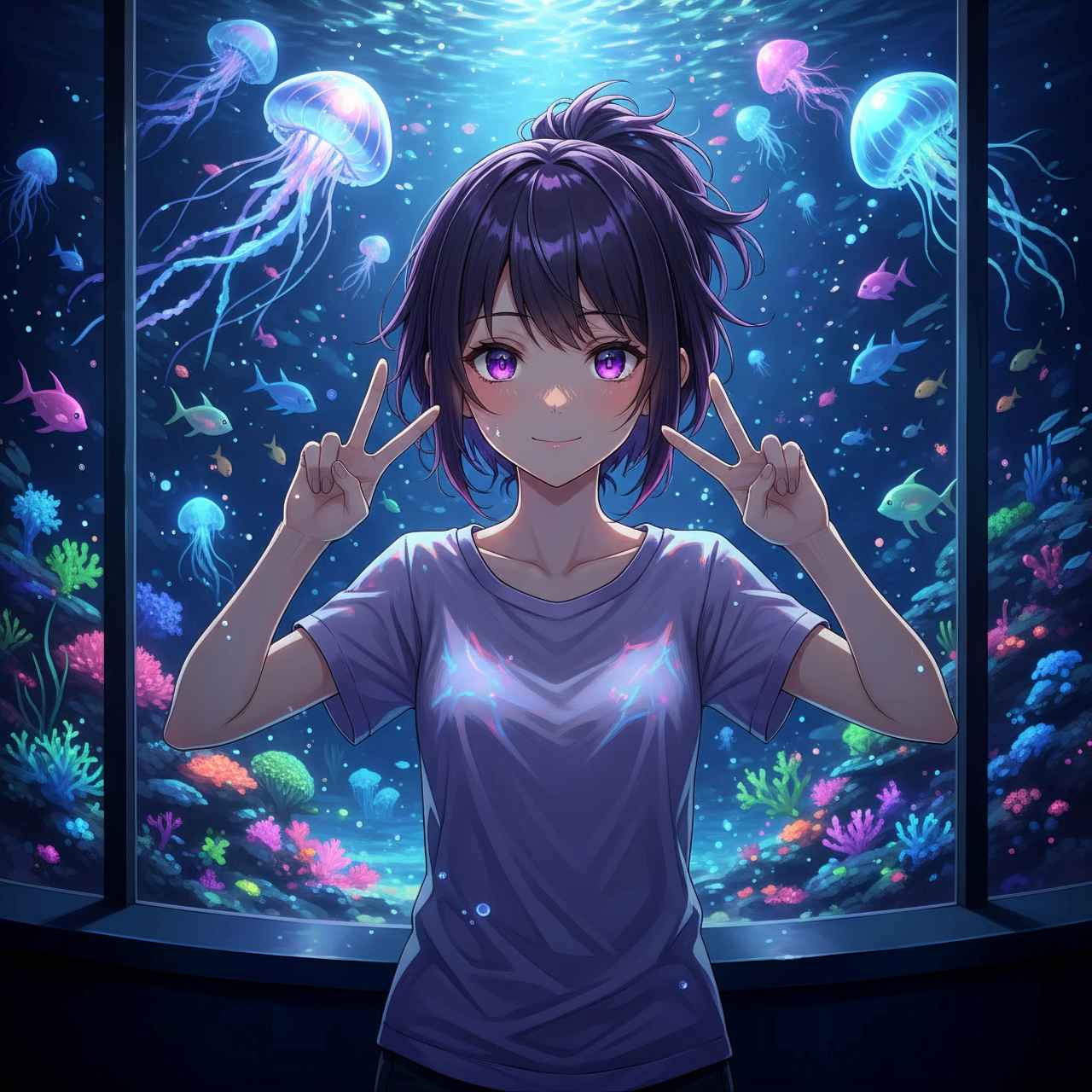 AIイラスト ライティング比較： Bioluminescence（バイオ・ルミネッセンス）の幻想的な水族館でピースサインをしている女の子の画像プロンプト例