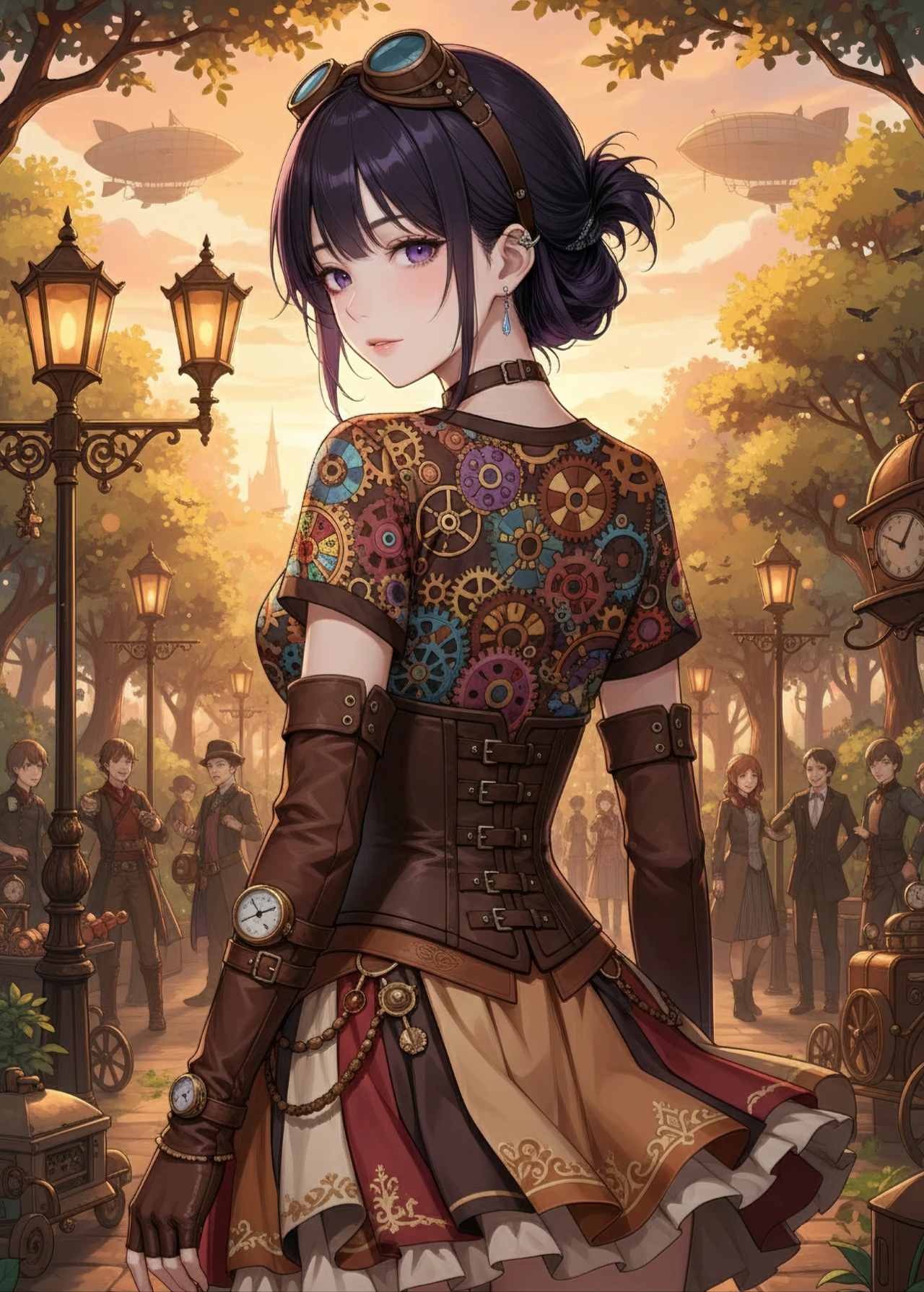 スチームパンク（Steampunk）画風のプロンプトで生成した時計とゴーグルをつけた女性のAIイラスト