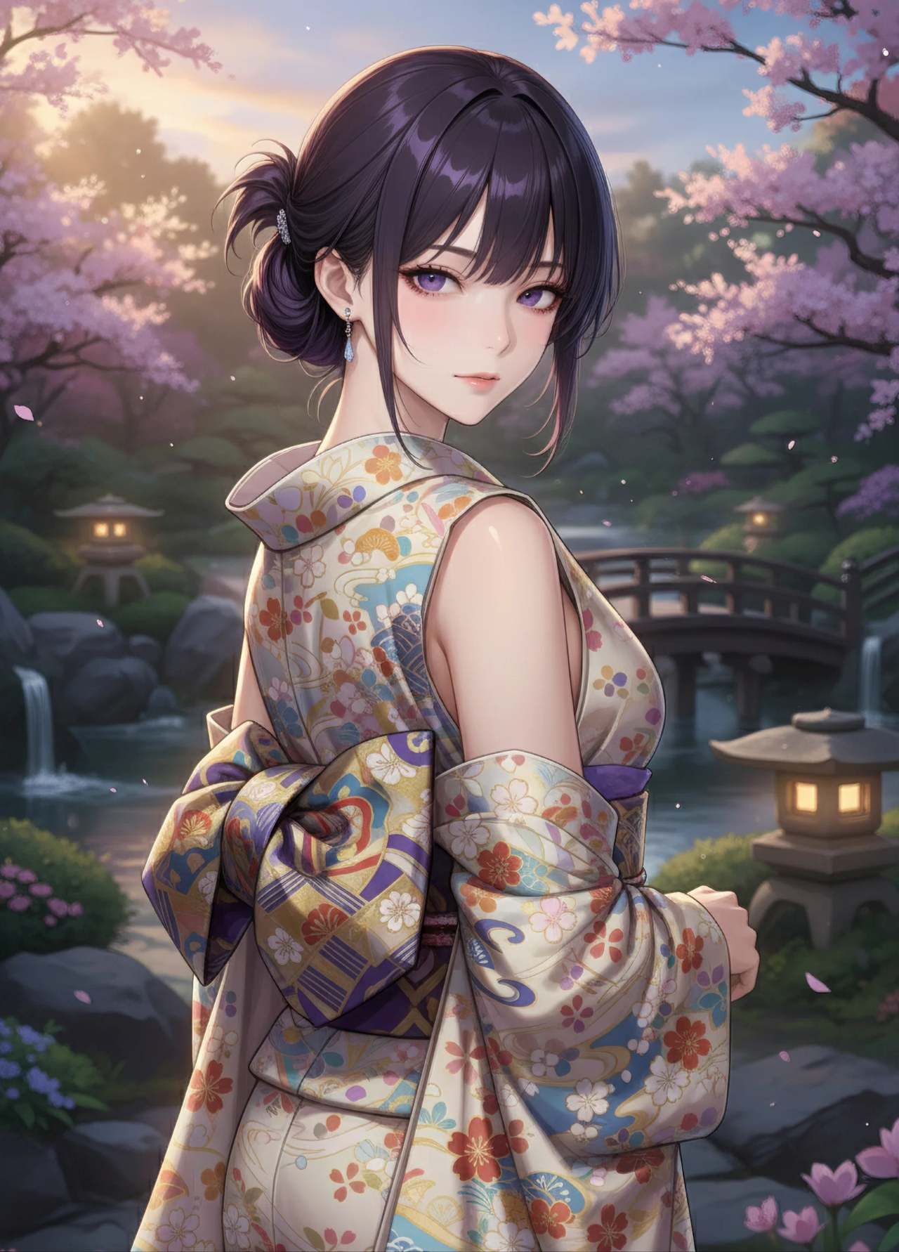 「幻想的な光の表現」（Ethereal Lighting/Glow）画風のプロンプトで生成した着物姿の女性のAIイラスト