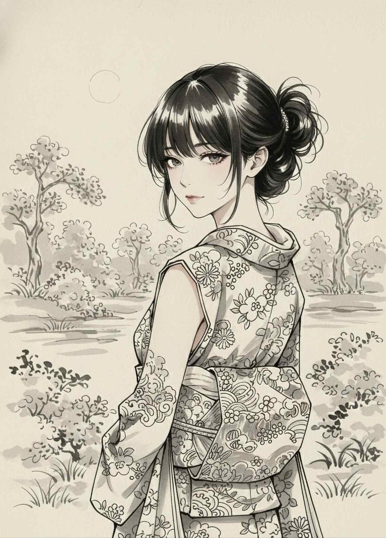 インク・墨絵（Ink/Sumi-e Style）画風のプロンプトで生成した和風女性のAIイラスト