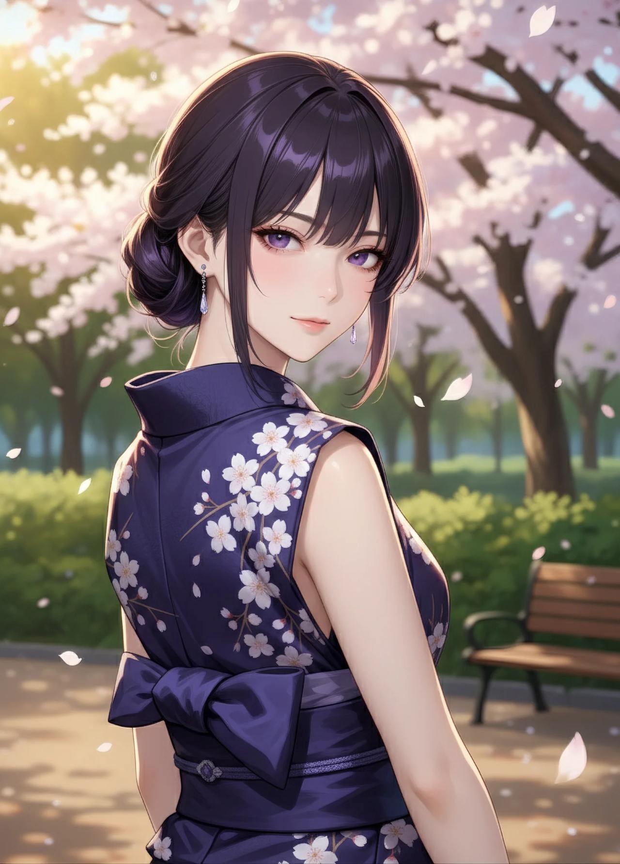 ボケ・被写界深度強調（Depth of Field/Bokeh Effect）画風のプロンプトで生成した桜の木の下の女性のAIイラスト