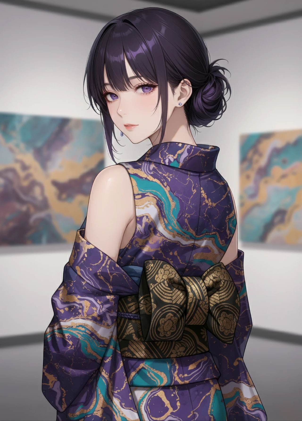 マーブル・アブストラクト（Marble/Abstract Art）画風のプロンプトで生成した大理石の模様の着物を着た女性のAIイラスト