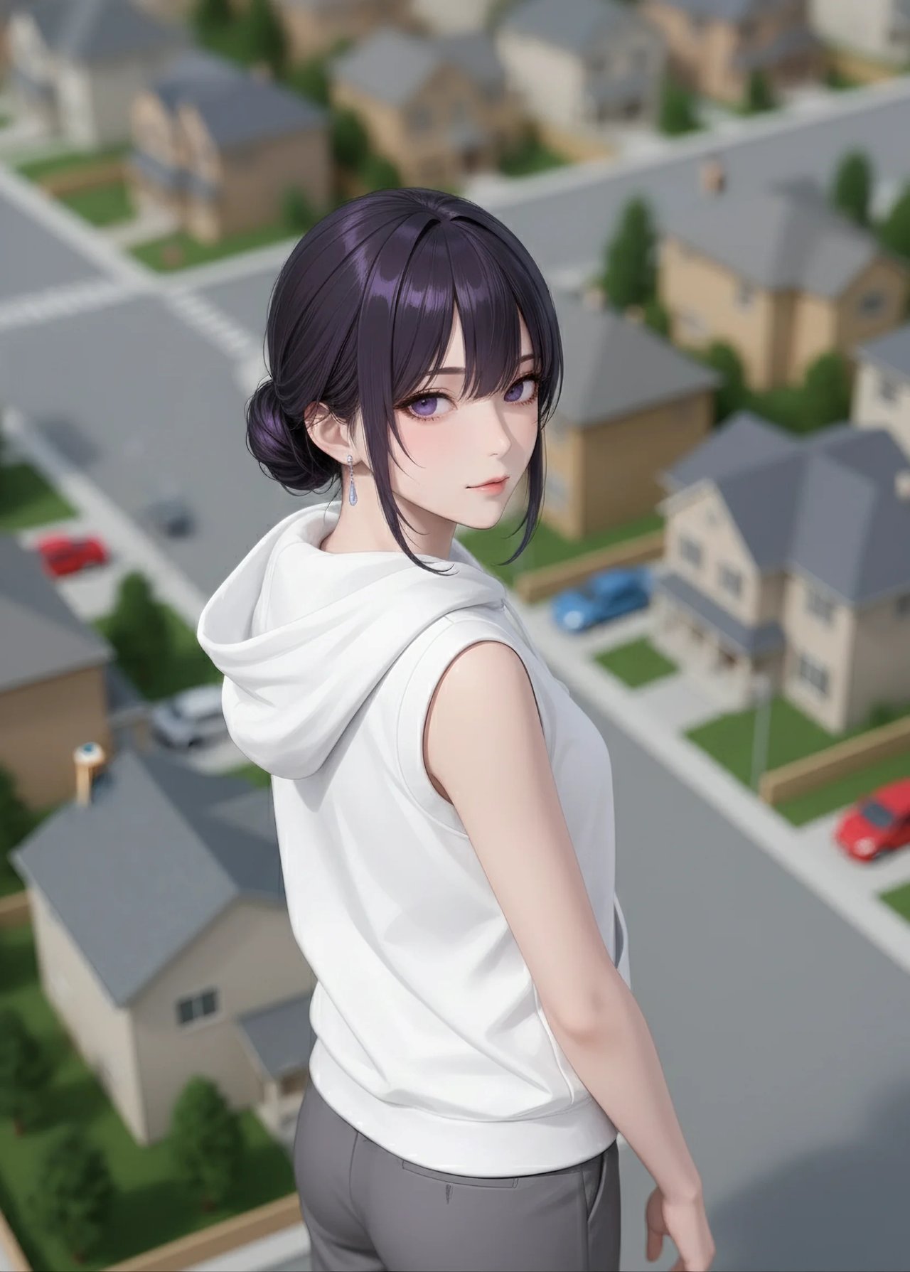 ミニチュア風・チルトシフト（Miniature/Tilt-Shift）画風のプロンプトで生成した白いノースリーブパーカーの女性のAIイラスト