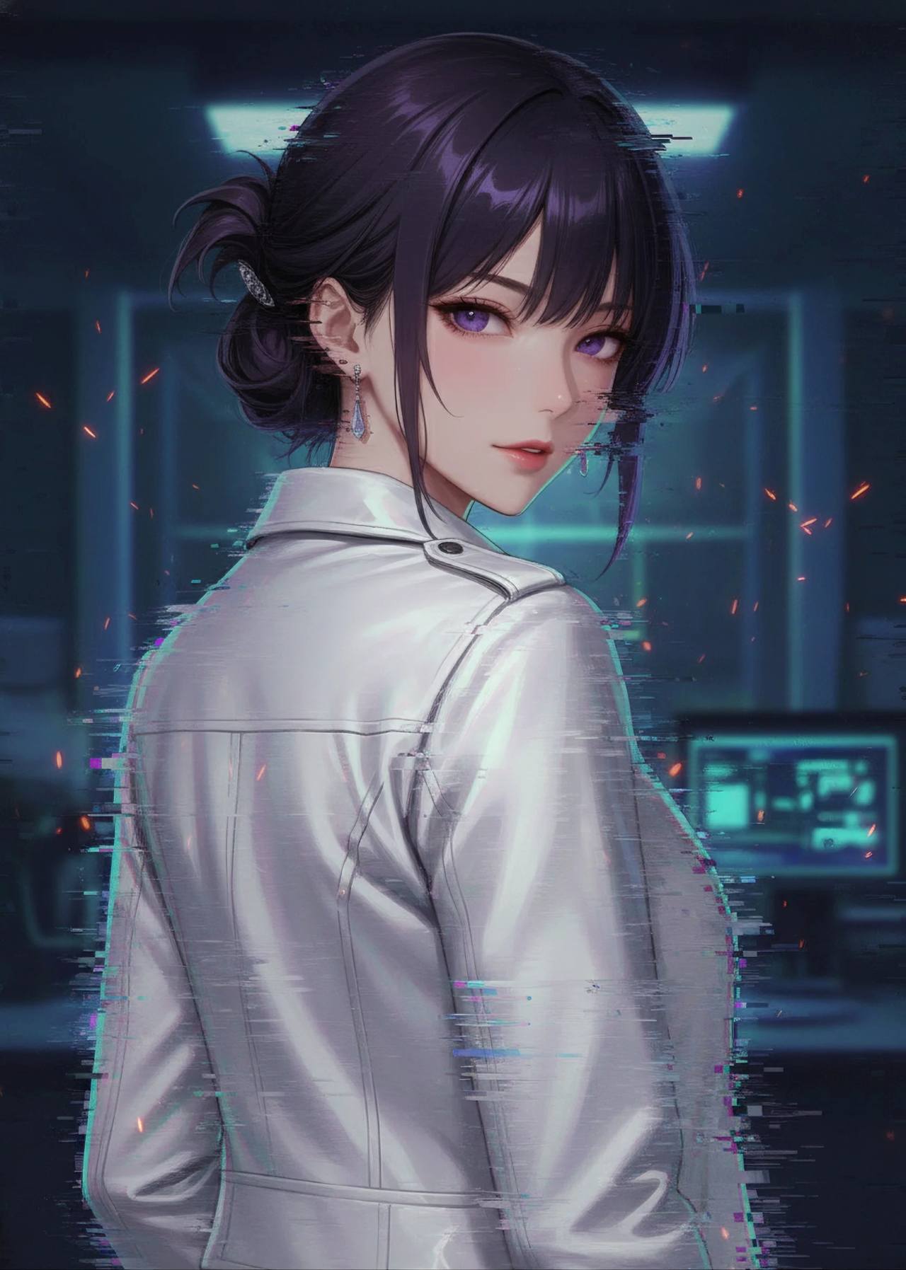 グリッチアート（Glitch Art）画風のプロンプトで生成した研究員の女性のAIイラスト