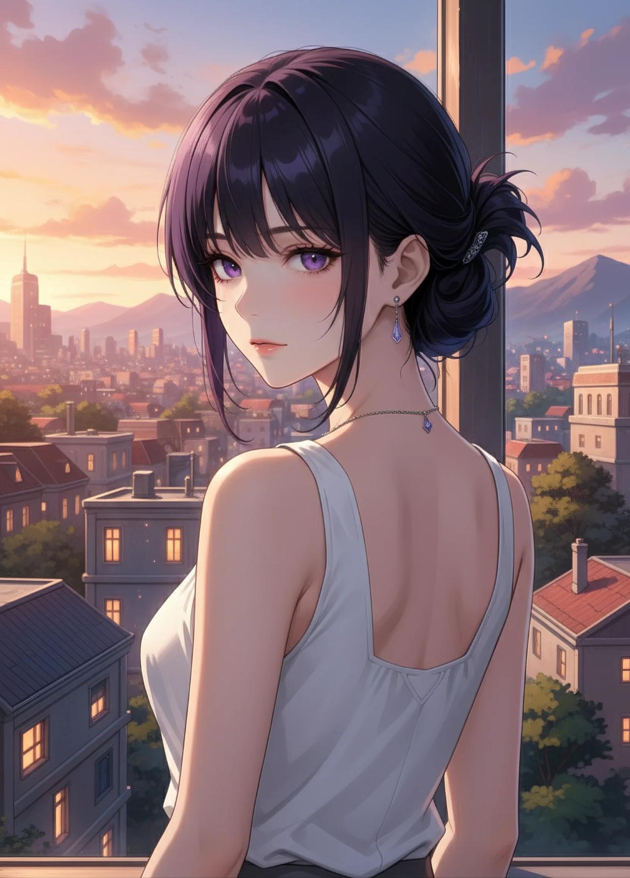 アニメの背景美術（Anime Background Art）画風のプロンプトで生成したノースリーブの女性のAIイラスト