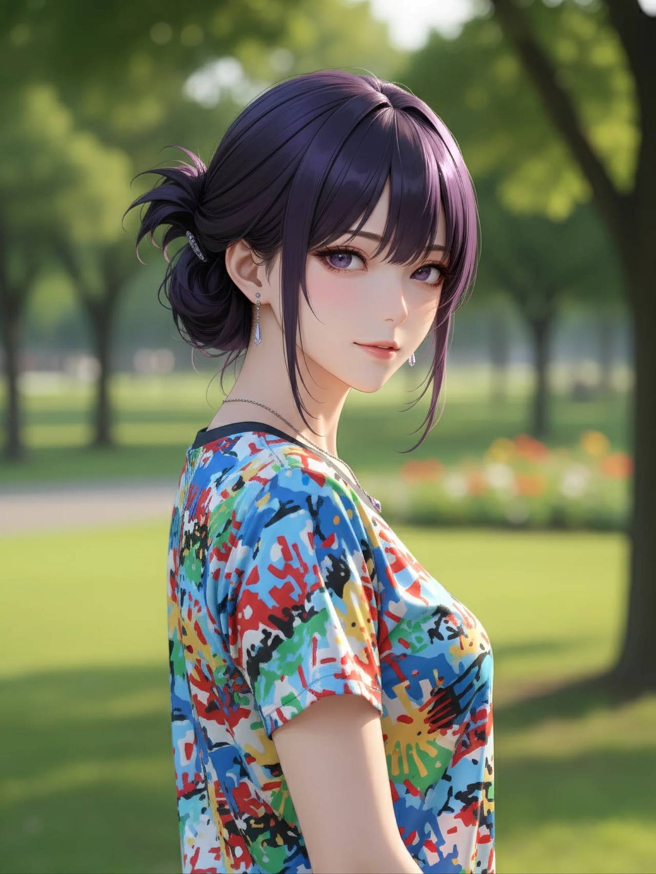 写実・フォトリアル（Photorealistic）画風のプロンプトで生成した柄のTシャツを着た女性のAIイラスト