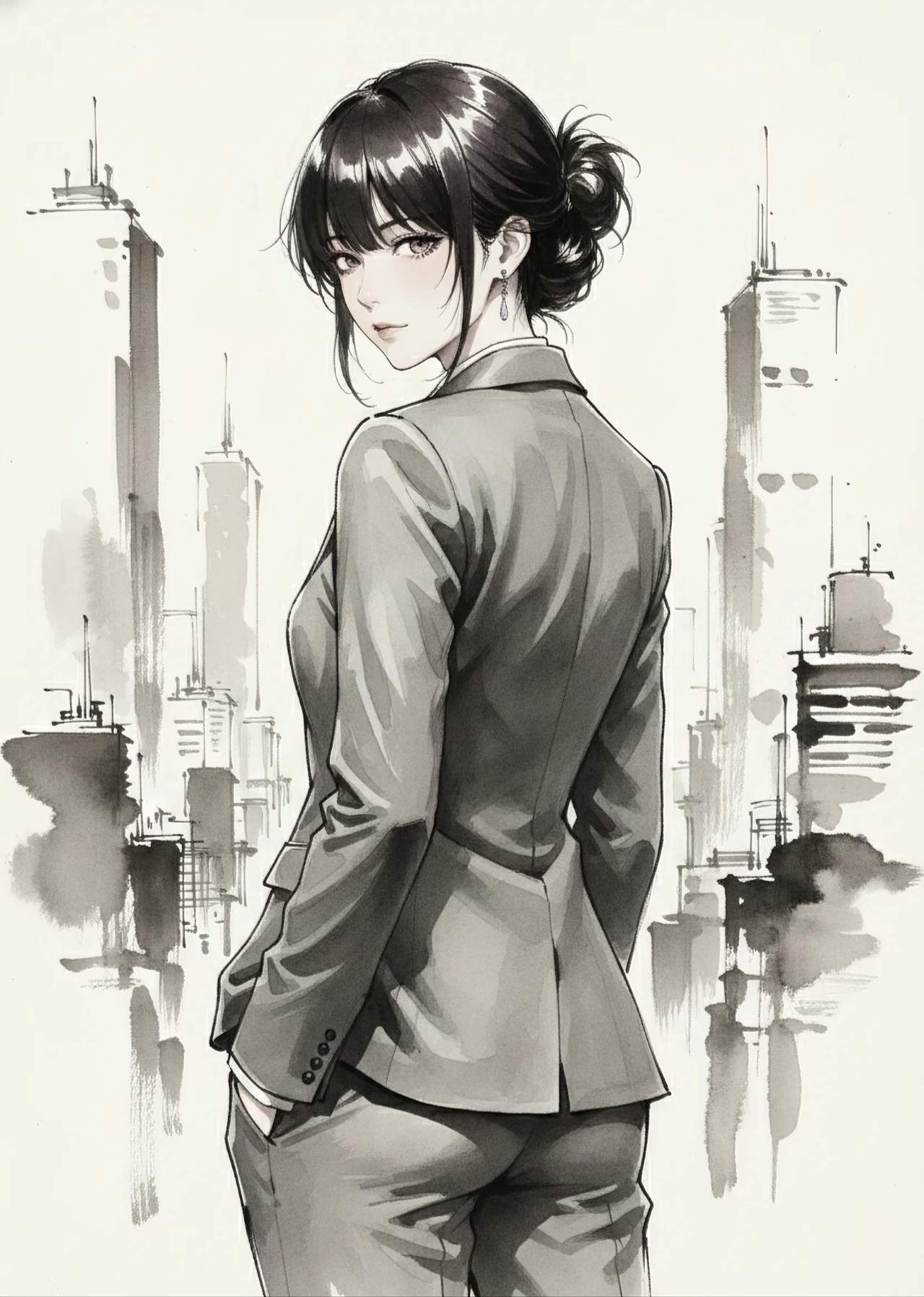 水墨画・モノクローム（Monochrome/Sumi-e）画風のプロンプトで生成した都会にいるスーツ姿の女性のAIイラスト