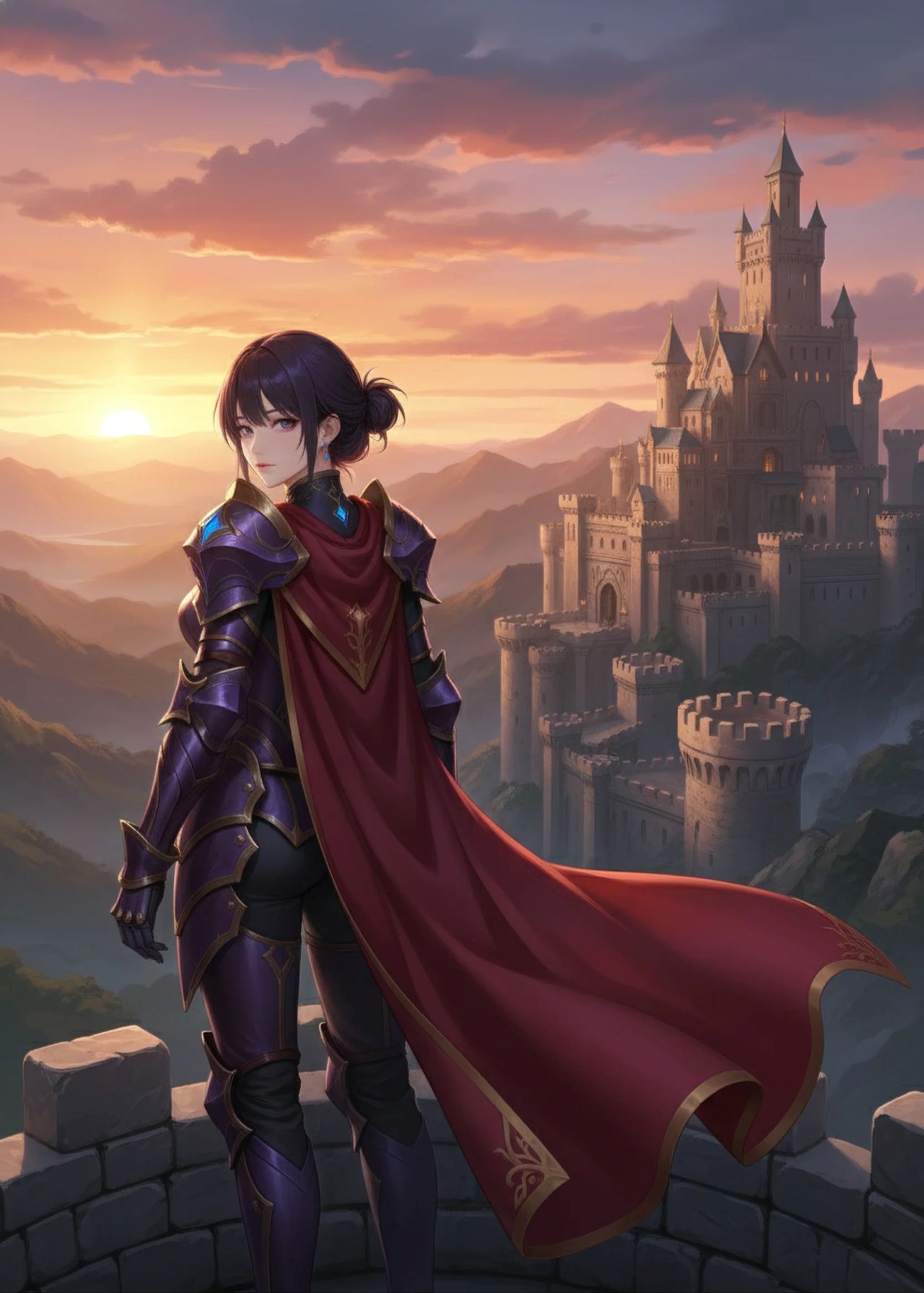 ゲームのアートワーク（Game Artwork Style）画風のプロンプトで生成した西洋の城の前に佇む女性のAIイラスト