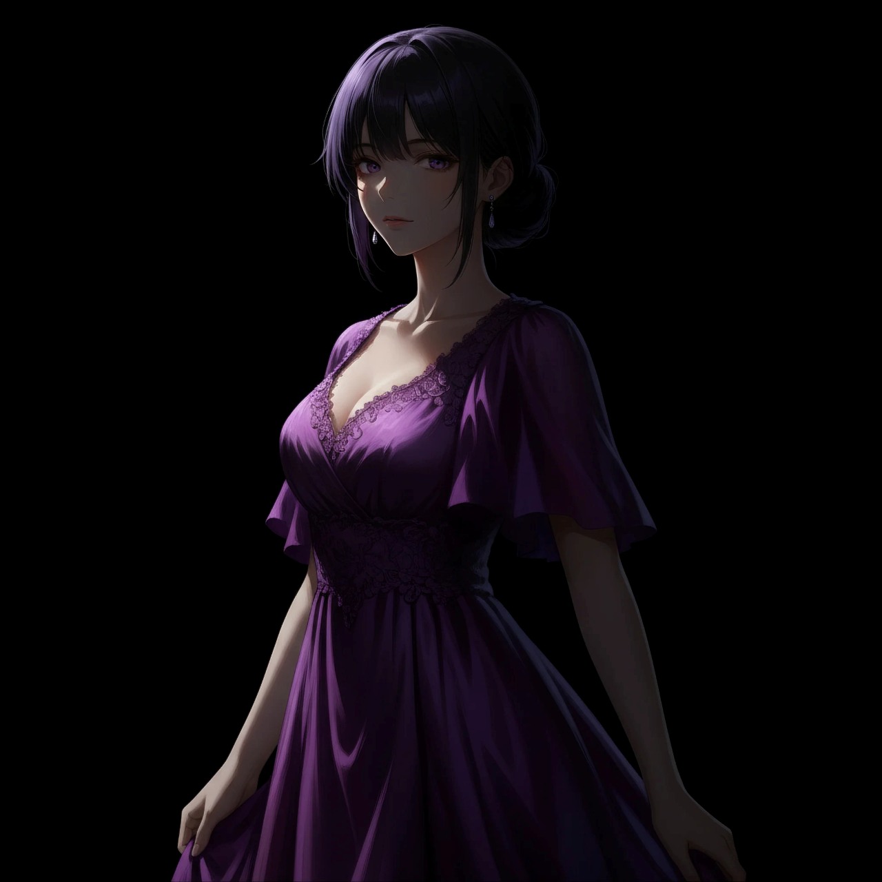 AIイラスト ライティング比較：Chiaroscuro（キアロスクーロ）の紫色のドレスを着る女性の画像プロンプト例