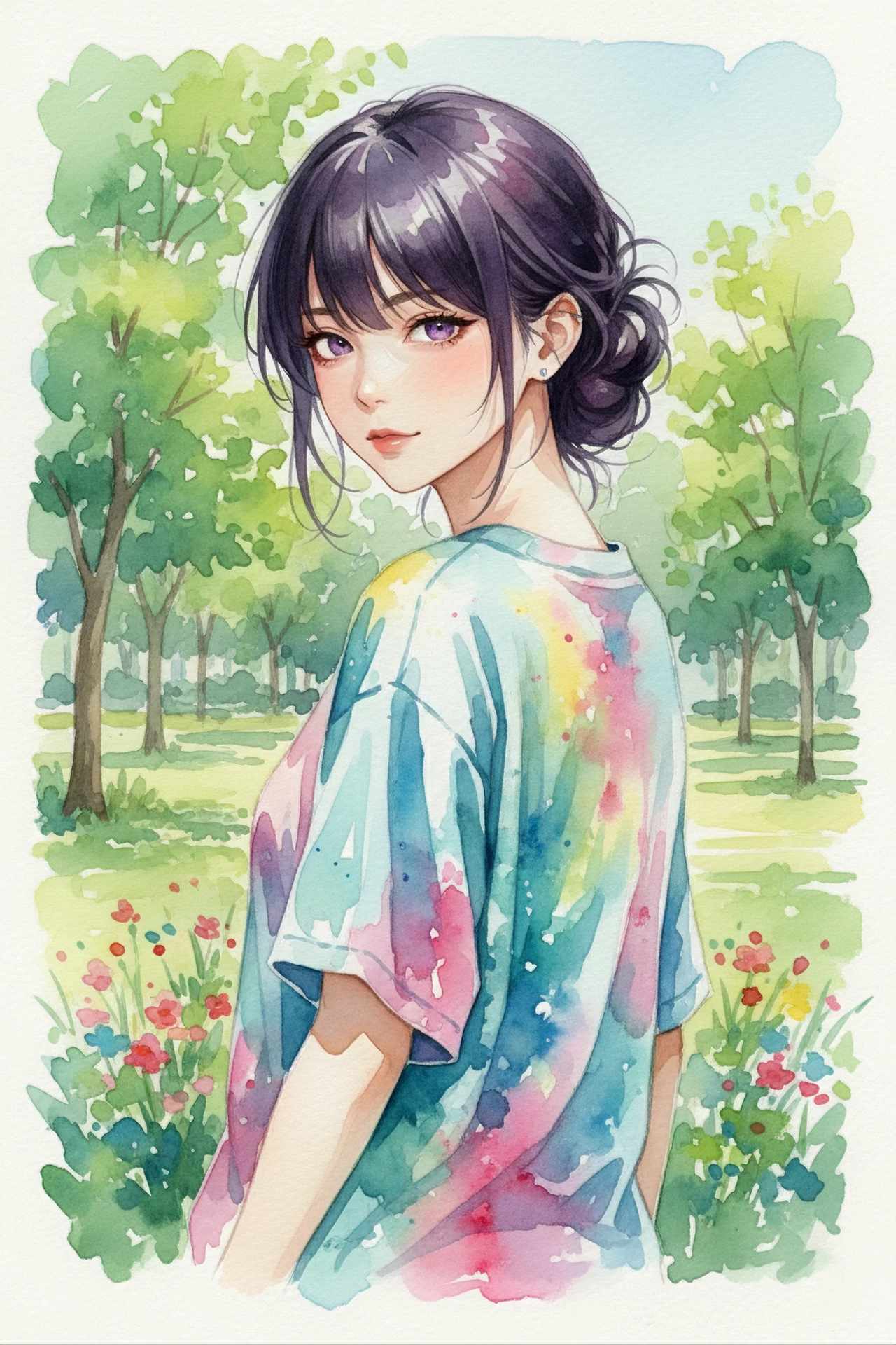 水彩画風（Watercolor Style）のプロンプトで生成した滲んだ服を着た女性のAIイラスト