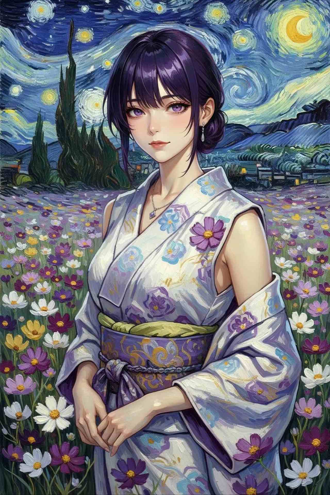 ゴッホ風・ポスト印象派（Van Gogh/Post-Impressionism）画風のプロンプトで生成した鮮やかな色彩の女性のAIイラスト