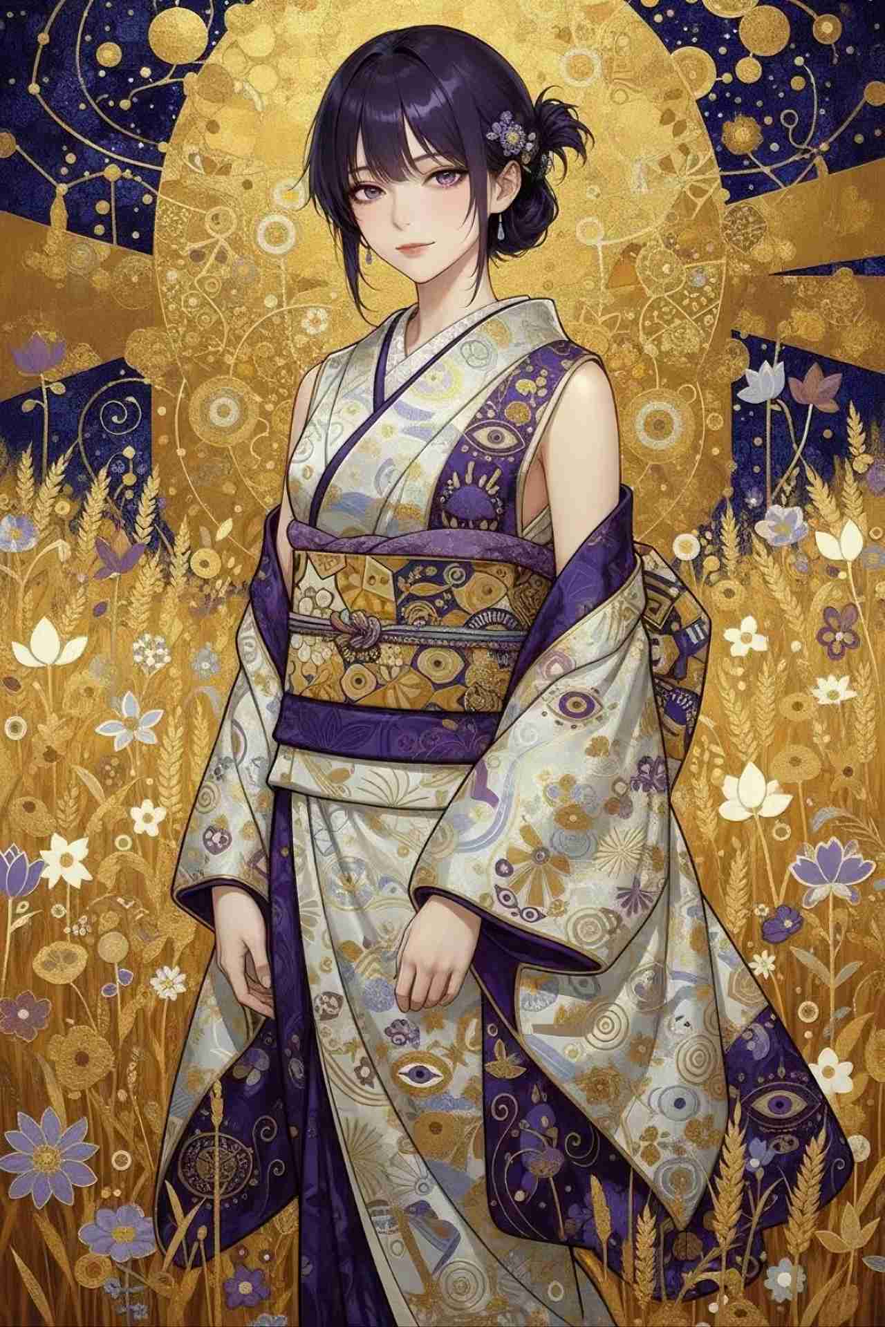 クリムト風・象徴主義（Klimt/Symbolism）画風のプロンプトで生成した金箔を背景にした女性のAIイラスト