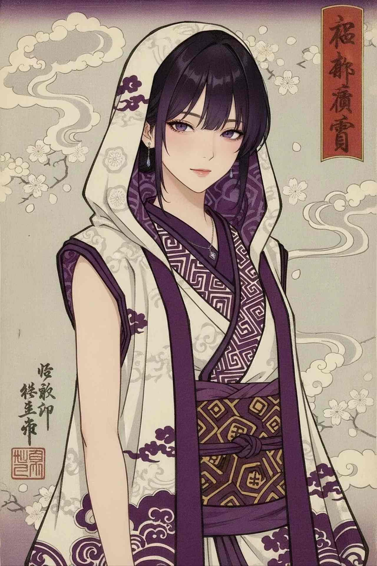 浮世絵風・木版画（Ukiyo-e/Woodblock Print）画風のプロンプトで生成した江戸時代の女性のAIイラスト