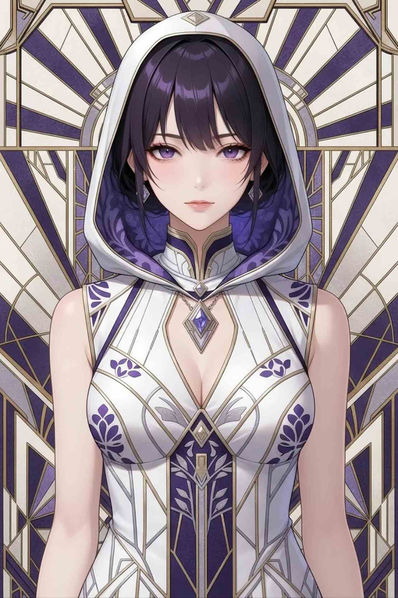 アール・デコ（Art Deco）画風のプロンプトで生成した直線的・幾何学的なデザインの女性のAIイラスト