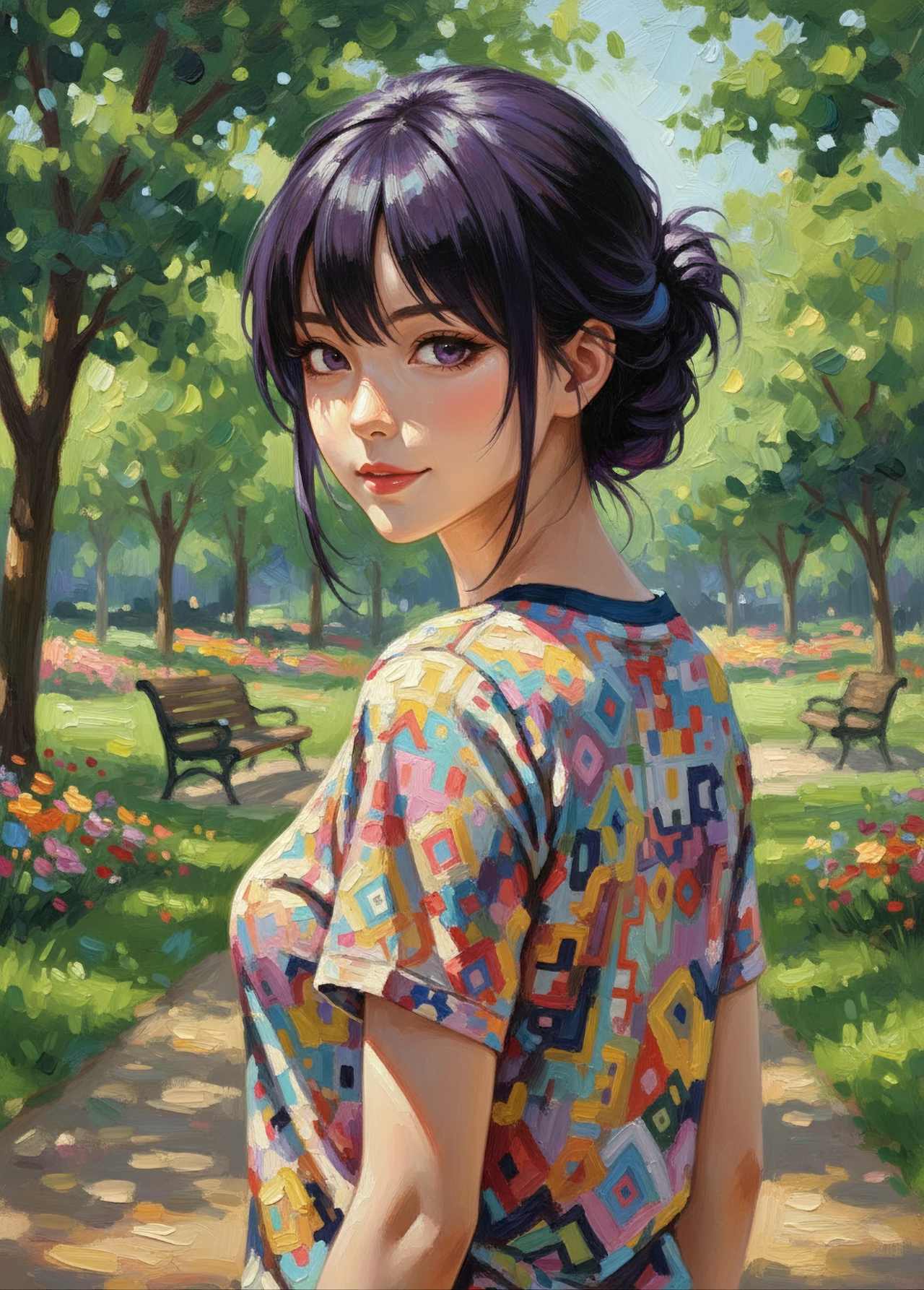 オイルペインティング・油彩画風（Oil Painting Style）のプロンプトで生成したカラフルな半袖Tシャツの女性のAIイラスト