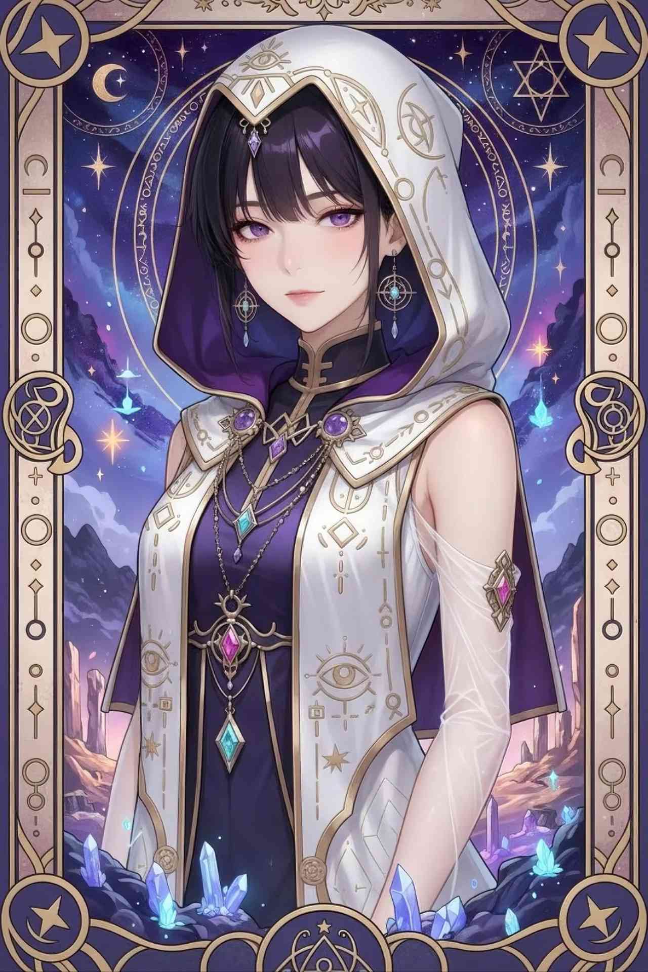 タロットカード・オカルト（Tarot/Occult Style）画風のプロンプトで生成した中世の神話に出てくるような女性のAIイラスト