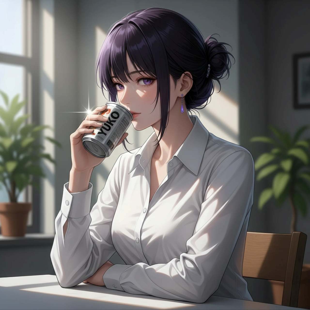 AIイラスト ライティング比較：Hard Lighting（ハード・ライティング）の缶コーヒーを飲む女性の画像プロンプト例