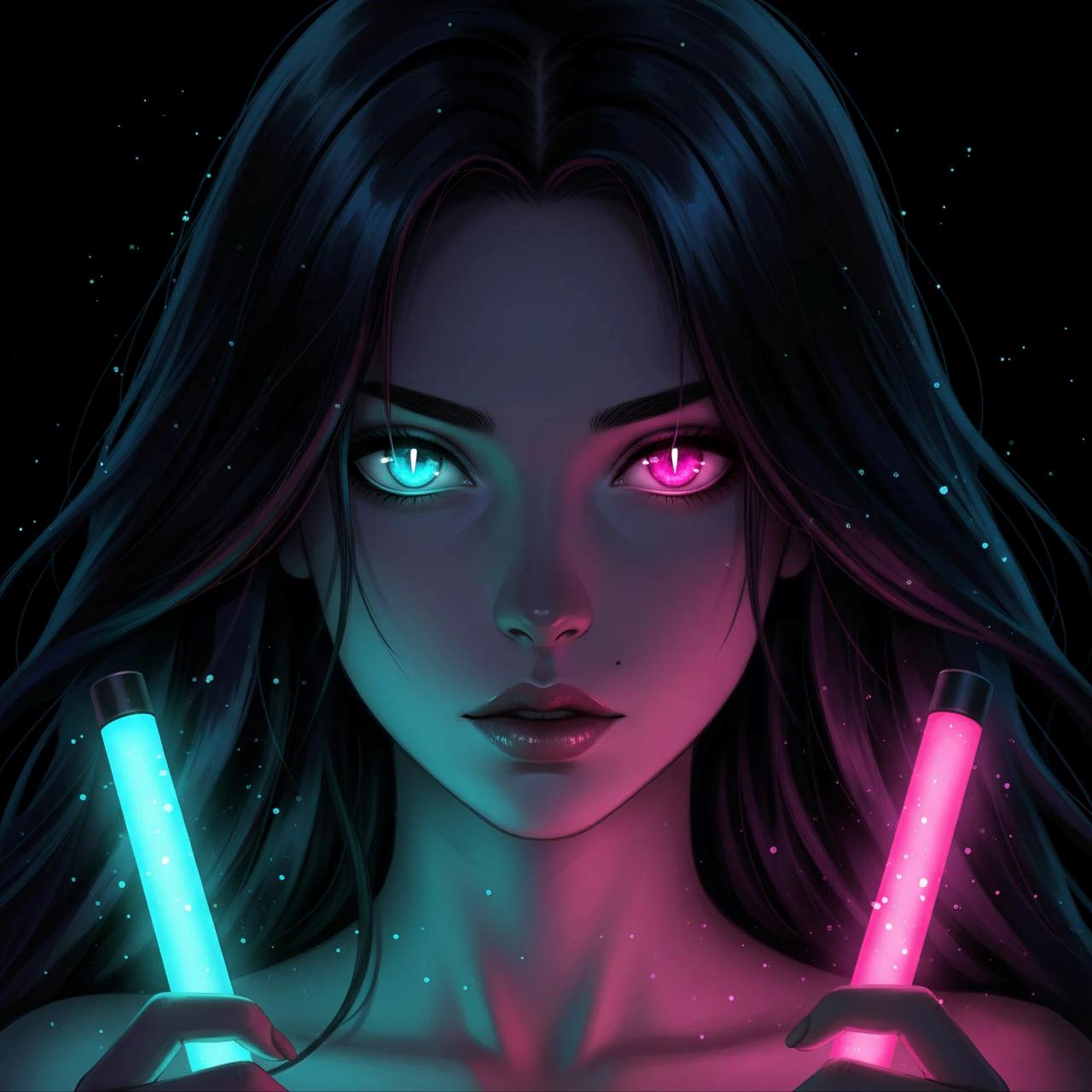 AIイラスト ライティング比較：Glow Stick Lighting（グロー・スティック・ライティング）の赤と青の光に照らされる女性の画像プロンプト例