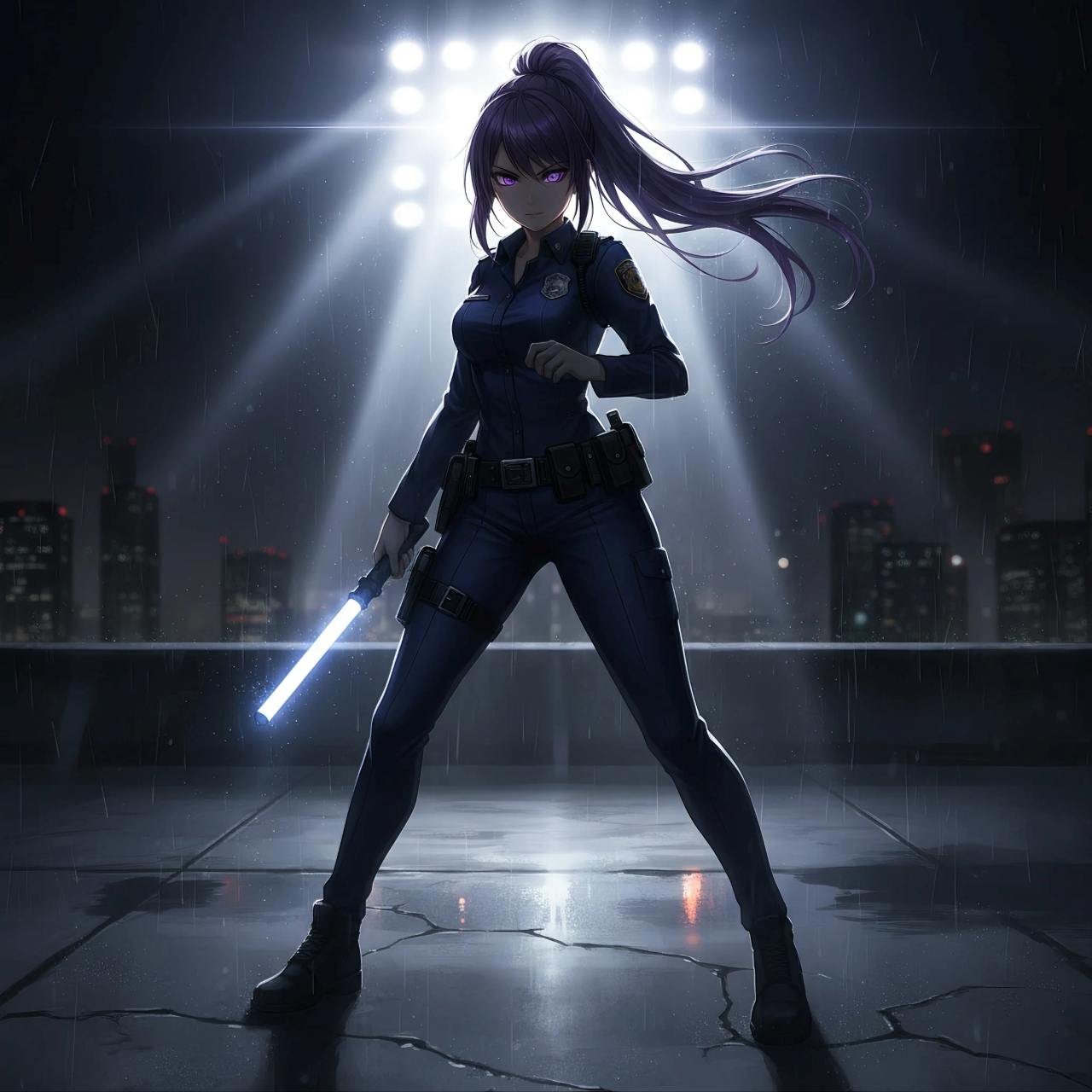 AIイラスト ライティング比較： Backlighting（バックライティング）の犯人を追い込む女性警察官の女性の画像プロンプト例