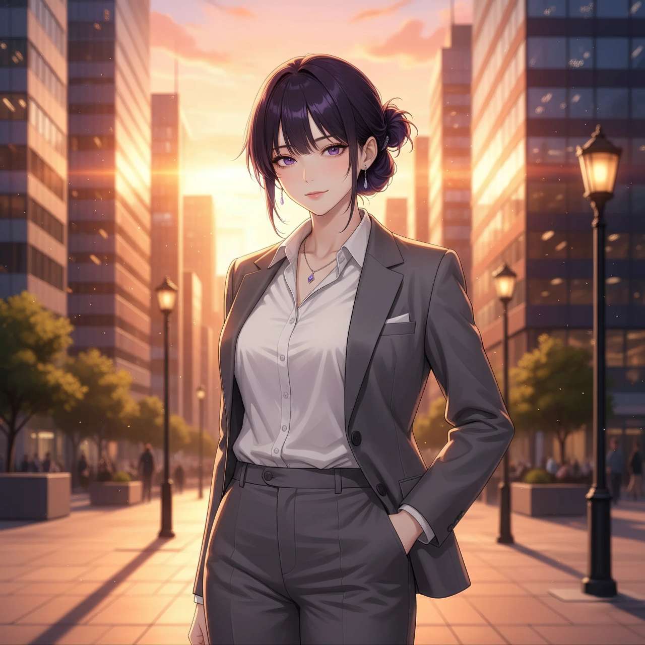 AIイラスト ライティング比較： Golden Hour（ゴールデン・アワー）の夕方にスーツを着ている女性の画像プロンプト例