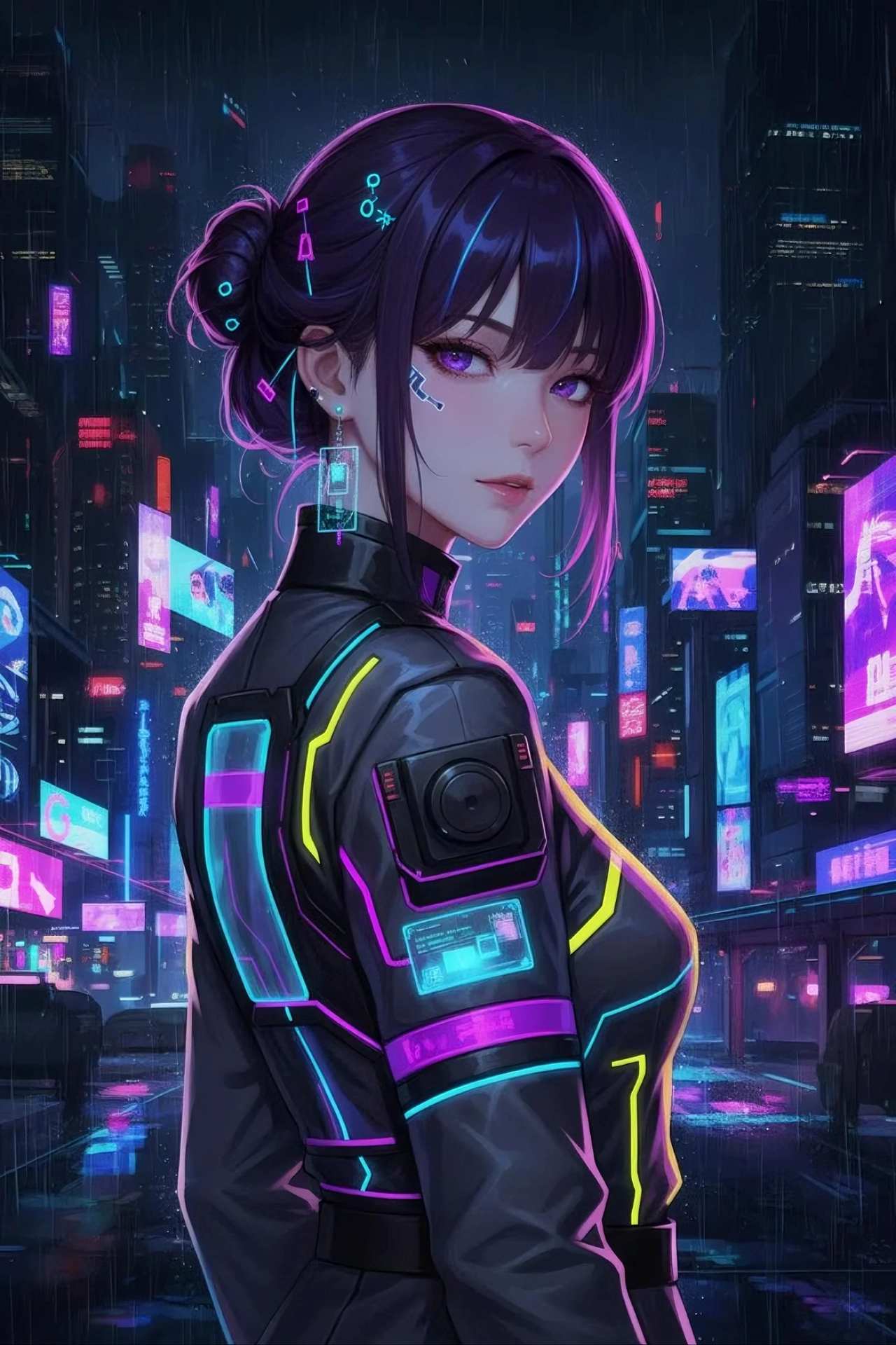 サイバーパンク・ネオンアート（Cyberpunk/Neon Art）画風のプロンプトで生成したネオン街の背景にいる女性のAIイラスト