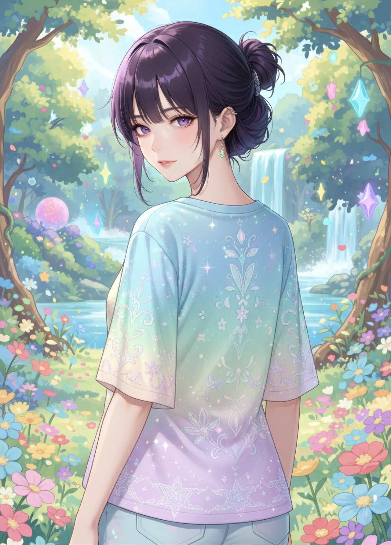 パステルカラー・ファンシー（Pastel/Fancy Style）画風のプロンプトで生成した淡い色の女性のAIイラスト