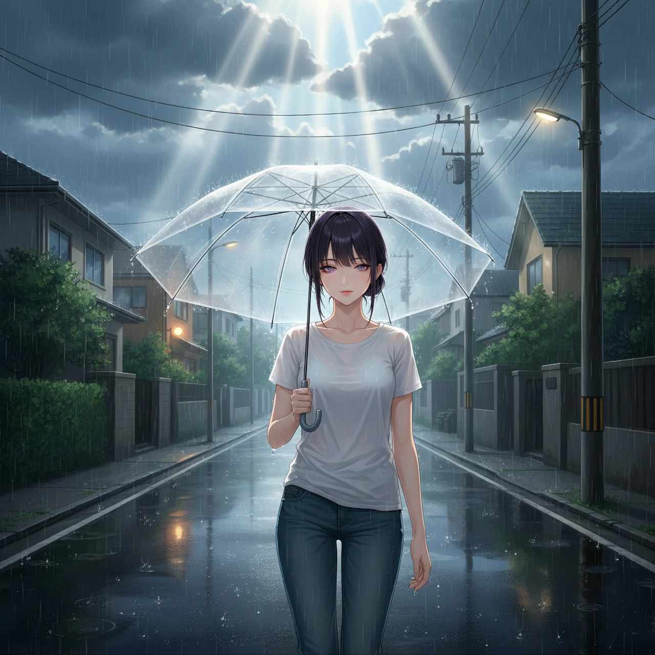AIイラスト ライティング比較：God Rays（ゴッド・レイ）の透明な傘を持つ女性の画像プロンプト例
