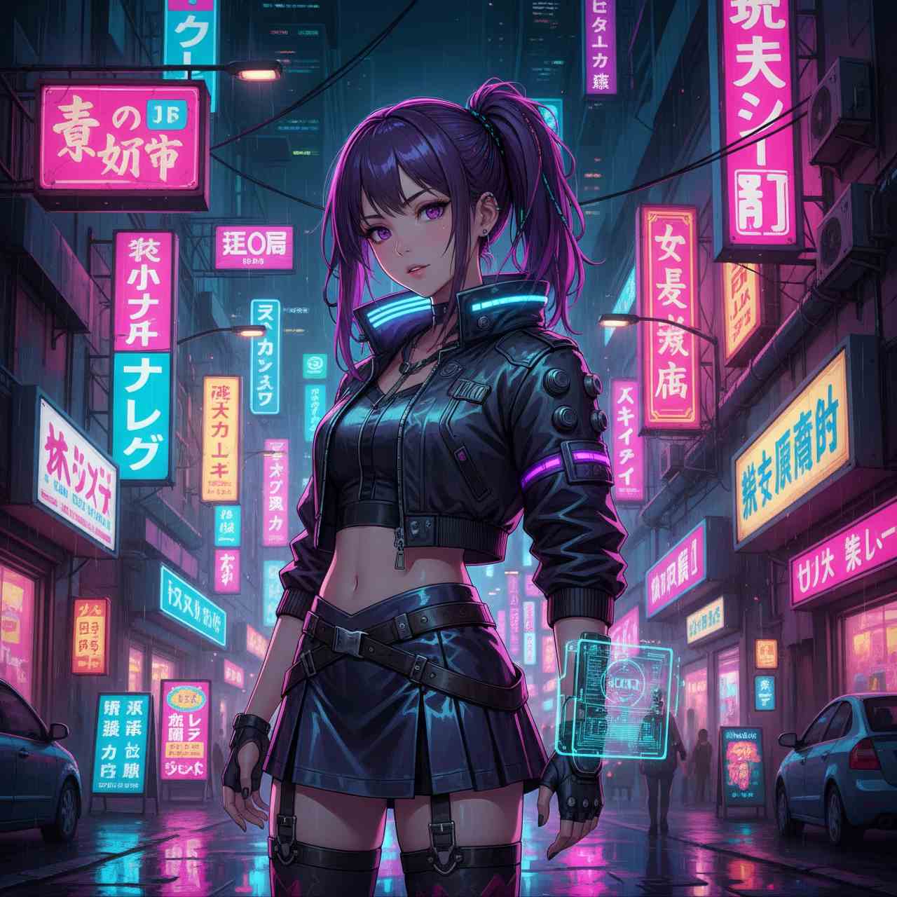 AIイラスト ライティング比較：Neon Lights（ネオン・ライツ）のネオン街に立つサイバーパンク女子の画像プロンプト例