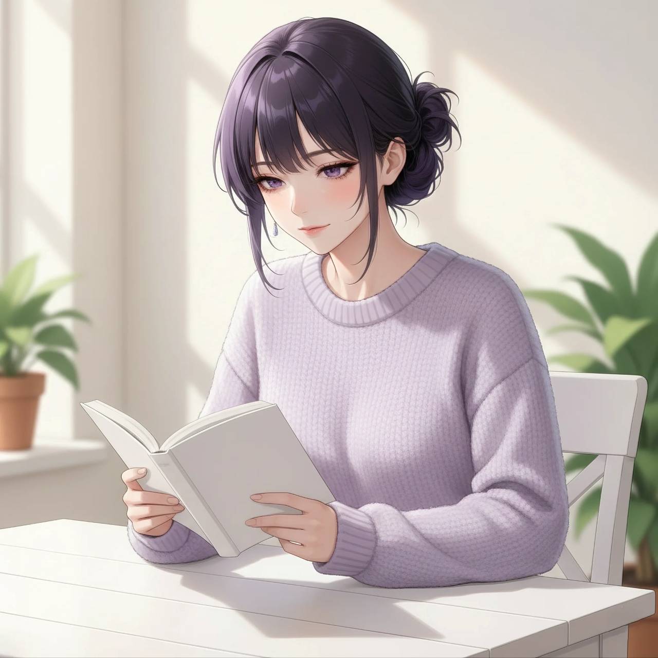AIイラスト ライティング比較：Soft Lighting（ソフト・ライティング）の読書をしている女性の画像プロンプト例