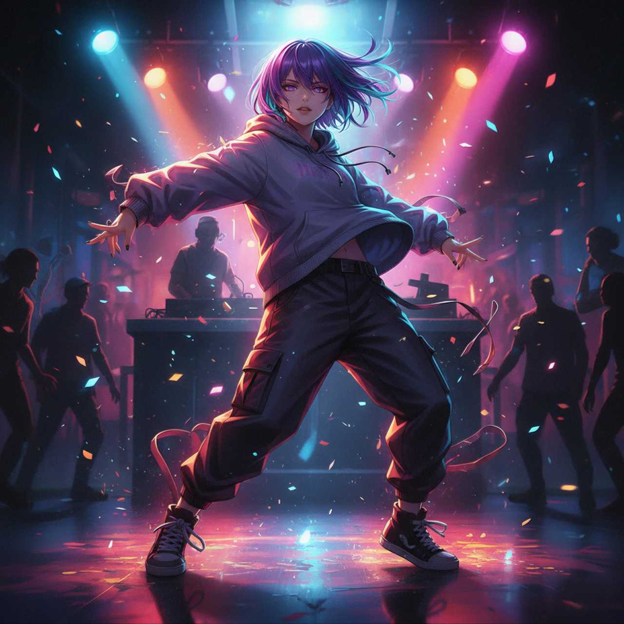 AIイラスト ライティング比較： Strobe Lighting（ストロボ・ライティング）のダイナミックなダンスをしている女性の画像プロンプト例