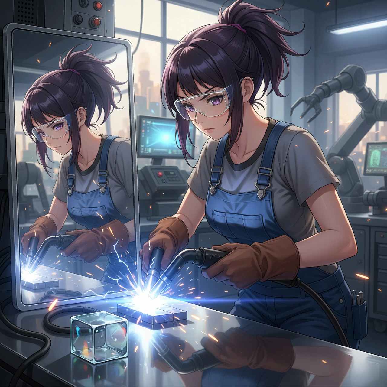 AIイラスト ライティング比較： Ray Tracing（レイ・トレーシング）の鏡に映る女性の画像プロンプト例