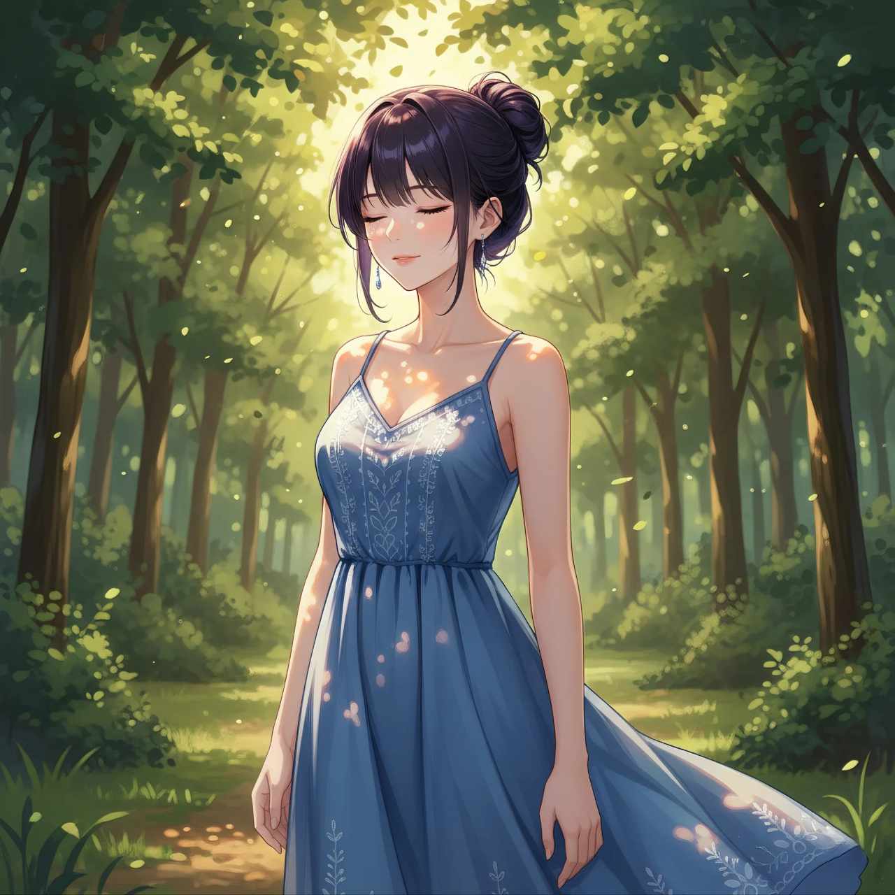 AIイラスト ライティング比較： Dappled Sunlight（ダップルド_サンライト）の森林の中に立つ女性の画像プロンプト例